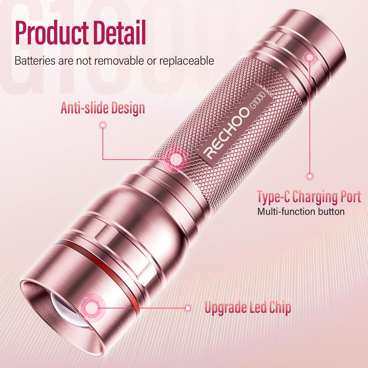 Flashlight Rechargeable High Lumens, G1000 Super Bright Flash Light Pink, Small Zoomable LED Flashlight with 3 Lighting Modes, Portable Tactical Flashlight for Camping Essentials, Gifts for Women