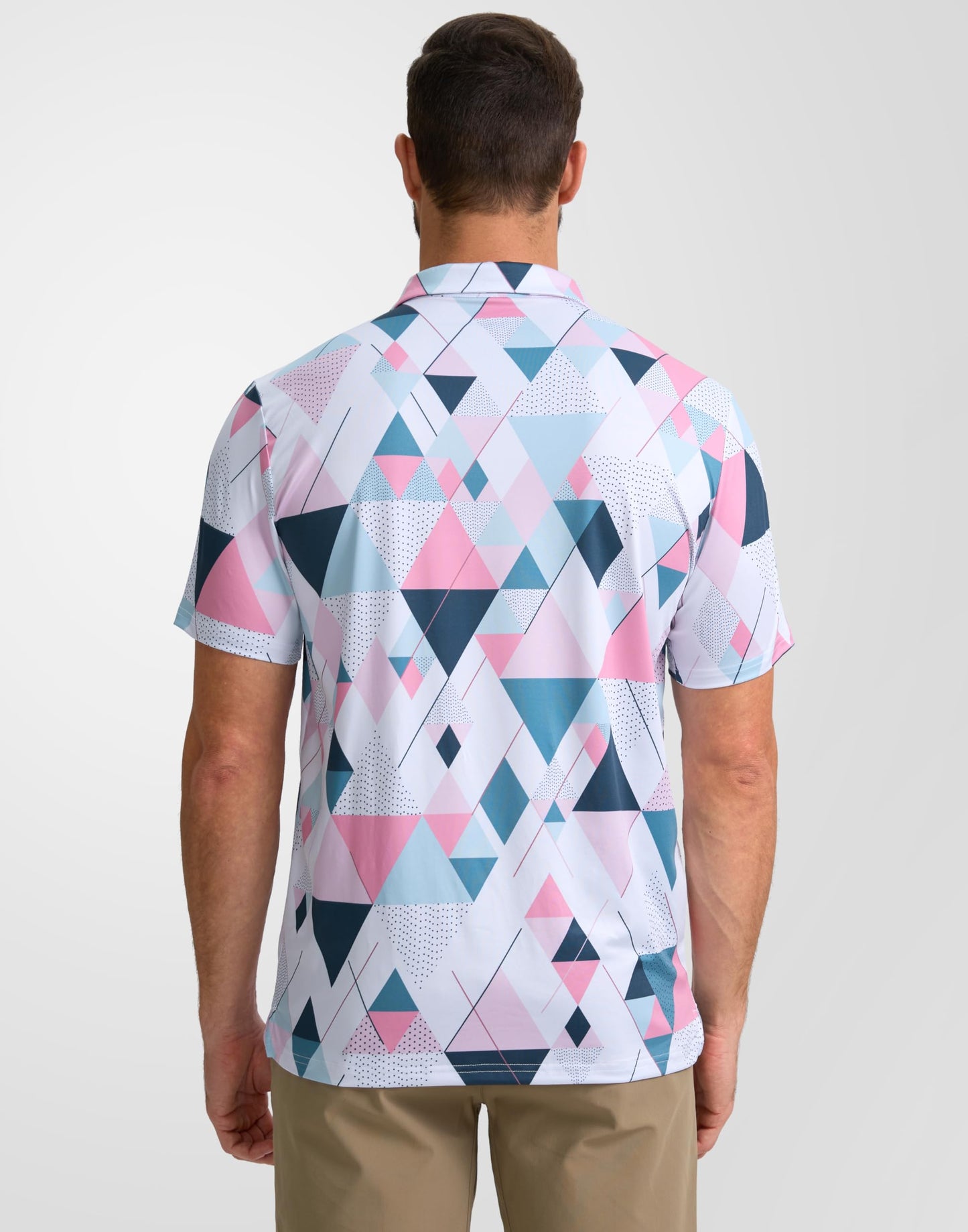 Obla Mens Golf Polo Shirts Short Sleeve Dry Fit Performance Moisture Wicking Casual Print Collared Golf Shirts for Men(White Pink Geometry_4XL)
