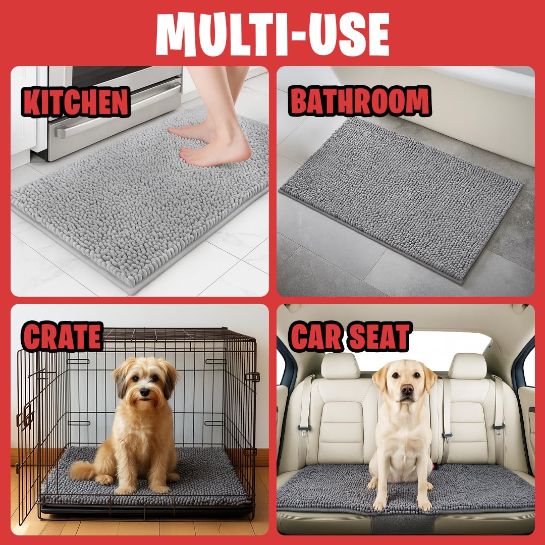 MUDGUARD MAT® Dog Door Mat for Muddy Paws, Super Absorbent Microfiber, Non-Slip Indoor Mat, Quick-Dry Chenille Rug for Pets & Entryway, Machine Washable, Grey 16" x 24"