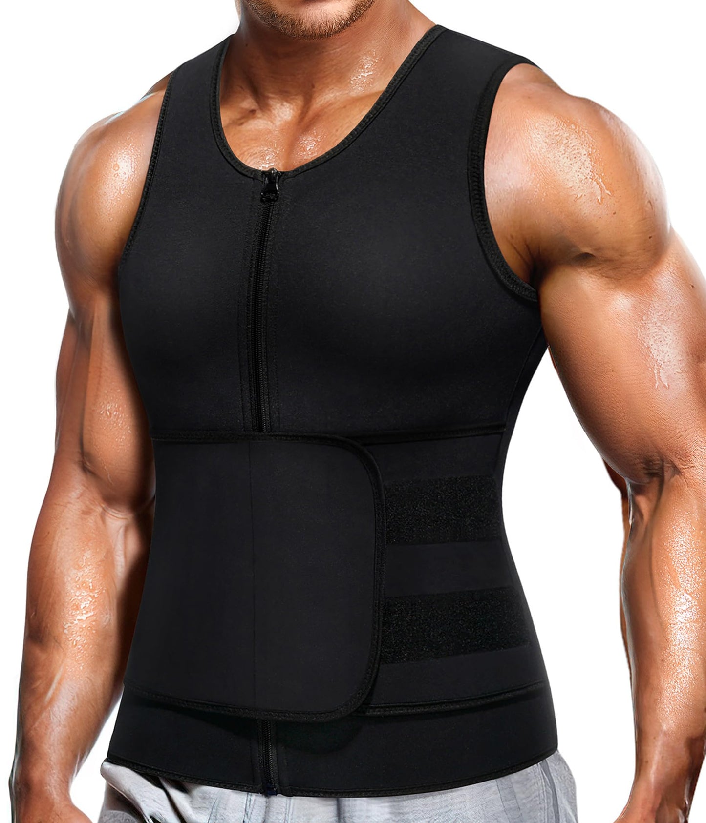 Wonderience Neoprene Sauna Suit for Men Waist Trainer Vest Zipper Body Shaper with Adjustable Belt Tank Top (Black, X-Large)