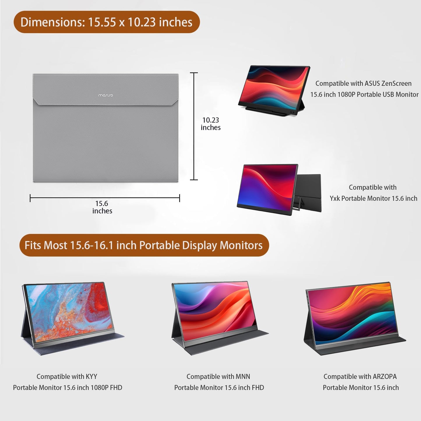 MOSISO Portable Monitor Case Sleeve 16.1 inch, Carrying Case for Most 15.6-16.1 inch Portable Travel Display Monitor Laptop, PU Leather Laptop Display Bag with Front Pocket, Gray