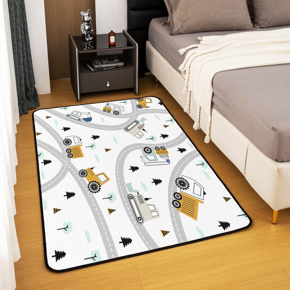 Construction Area Rug 5x7 Kids Equipment Trucks Decorative Carpet Set for Boys Teens Downtown Road Living Room Rugs Construction Vehicles Grey Yellow Indoor Floor Mat Room DecorAccent Rug
