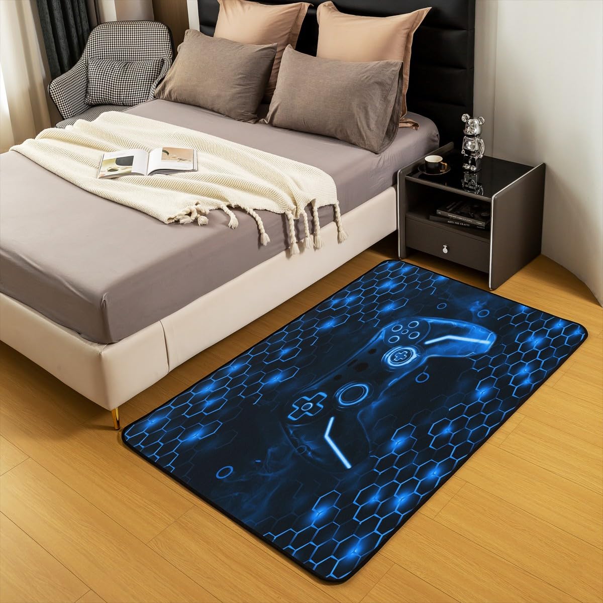 Feelyou Boys Gamer Rugs for Living Room Bedroom 3x5 Kids Gaming Honeycomb Area Rug Game Controller Decorative Carpet Set Hexagon Gaming Gifts Blue Indoor Floor Mat