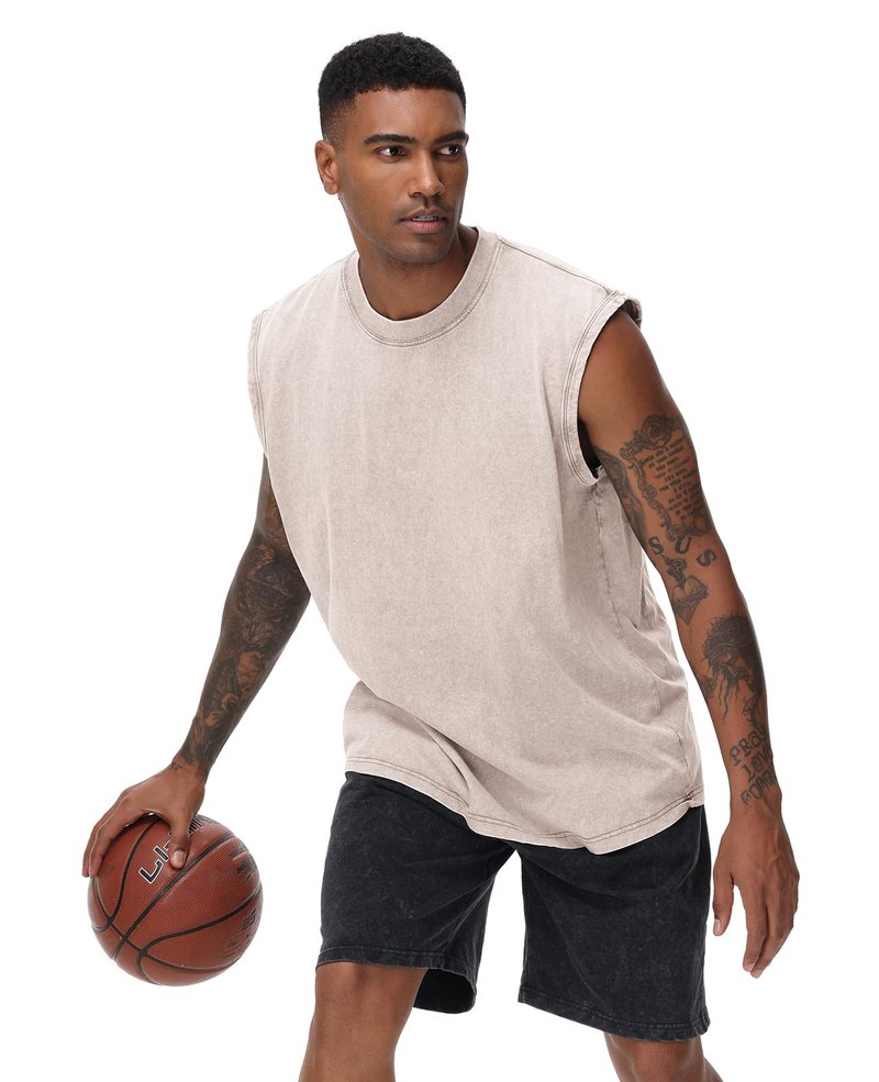 Mens Workout Tank Tops Sleeveless Tee Shirts Men Muscle Shirt Gym Acid Wash T Shirts Running Beach Loose Fit Tee(AC,L) Ivory