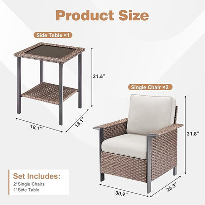 3 Pieces Wicker Patio Furniture Set-Outdoor Patio Chairs Set of 2 with Outdoor Side Table, Patio Furniture Set with Deep Seating Chairs for Porch Deck Balcony Garden Brown/Beige