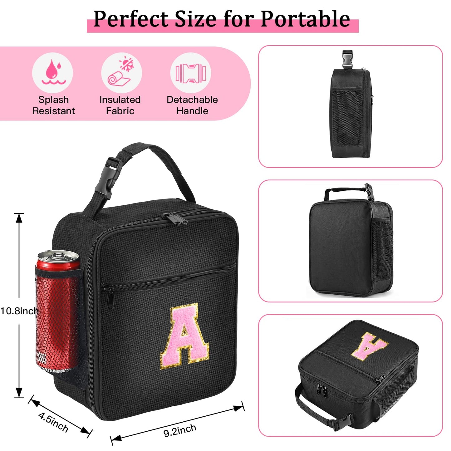 Initial Insulated Lunch Bag, Lunch Box with Initial Letter Patch for Teen Adult, Reusable Lunch Bag for Men Women, Ideal Back to School Gift Back to School Gift Birthday Gift, Pink A