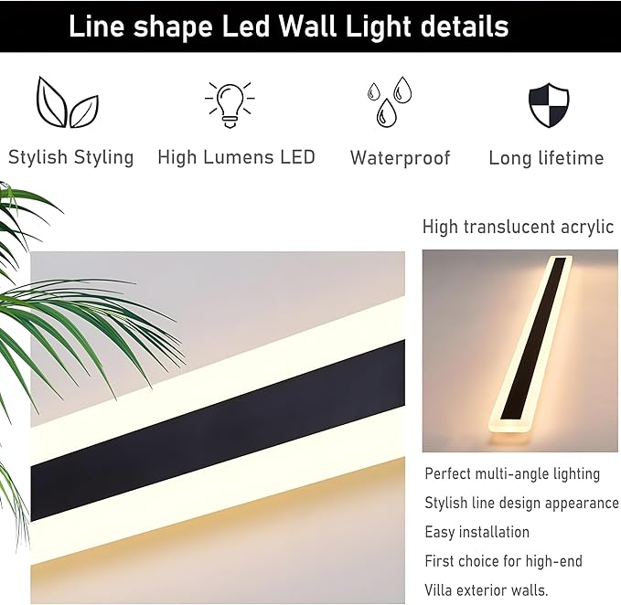 2Pack 39inch Long Outdoor Modern LED Wall Light,30W Waterproof IP65 Warm White 110V led Wall Mount Lighting Fixture Rectangular Black Wall Lights Elegant Frosted White Acrylic Anti Rust