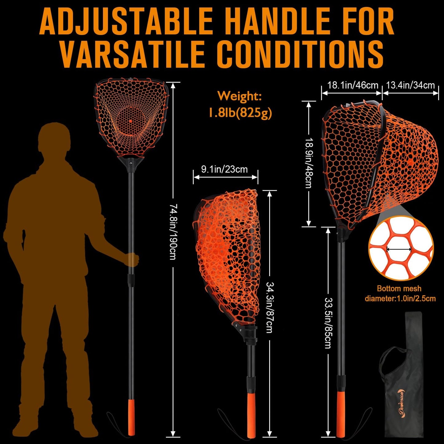 Dovesun Rubber Fishing Landing Nets Telescopic Handle Nets Folding Nets with Collapsible Handle for Catch & Release Fishing Gift 17.6" dia-13.7" Depth Orange