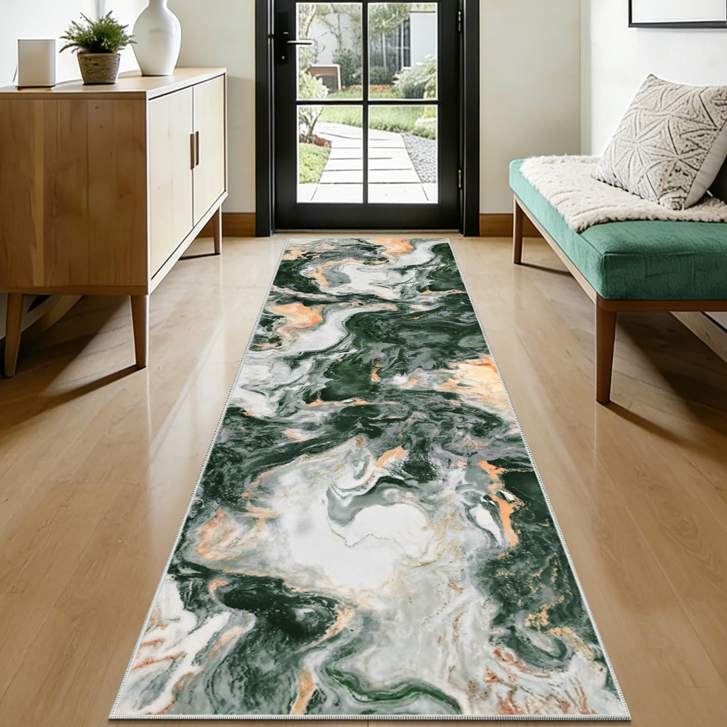 Yinhua 2x7'3 Rug Runners for Hallways, Marble Runner Rug Non Silp, Soft Abstract Kitchen Runner Rugs Non Shedding, Washable Area Rugs Green and Gold, Stain Resistant Carpet for Bathroom Entryway Hall