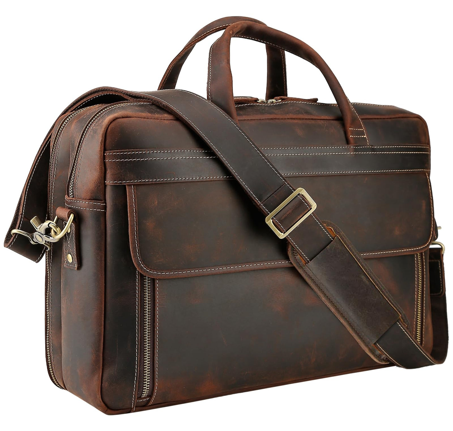 Masa Kawa Vintage Leather Briefcase for Men 17 Inch Laptop Computer Brief Case Business Travel Work Messenger Cross Body Shoulder Bags, Brown