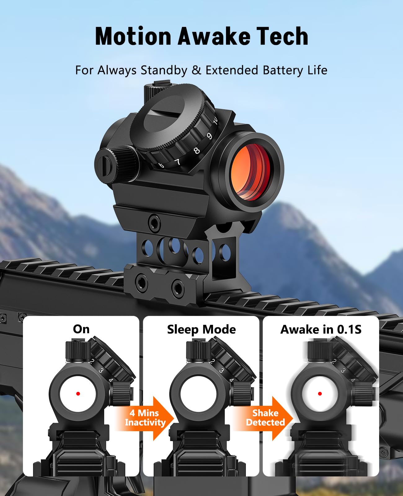 MidTen Motion Awake Red Dot Sight, 2 MOA Red Dot Optics, IPX7 Waterproof & Fogproof,1x20mm Compact Red Dot Scope for 21mm Picatinny Rail with Lower 1/3 Co-Witness Riser