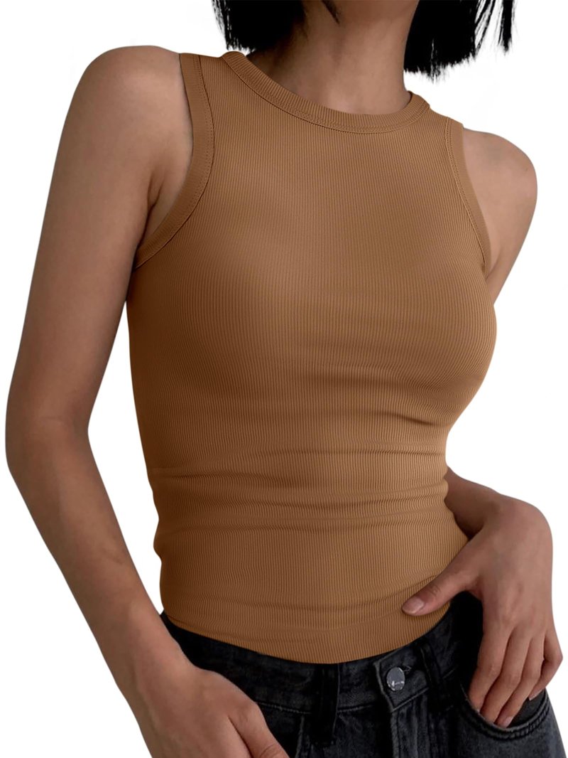 ANRABESS Womens Sleeveless High Neck Tank Tops Fashion Summer Casual Basic Slim Fit Ribbed Racerback Top Shirt Clothes Coffee Large