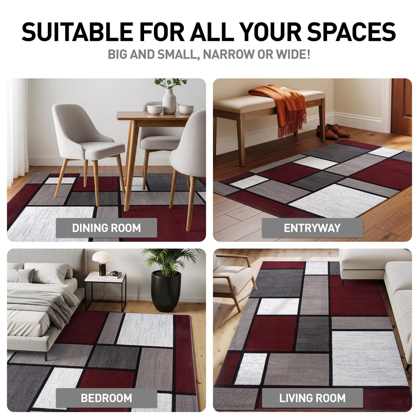 Rugshop Modern Geometric Boxes Red Area Rug, Carpet with Jute Backing for Hallway, Entryway, or Laundry Room, 2' x 7'2"