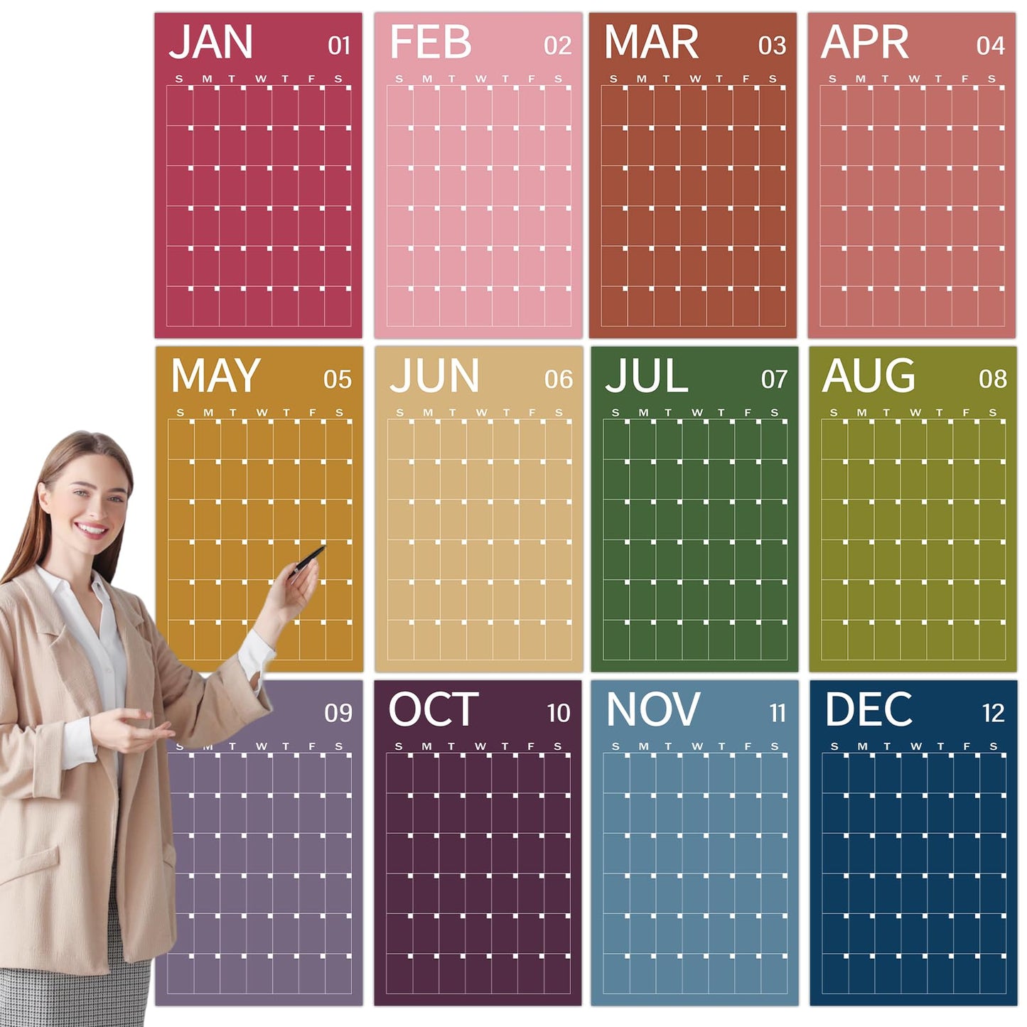 24" x 16" 2026 Large Wall Calendar Undated 12 Month Planner Dry Erase Reusable Monthly Blank Wall Calendar Big Yearly Planner for New Year Office Home School Organizing Planning (Boho)