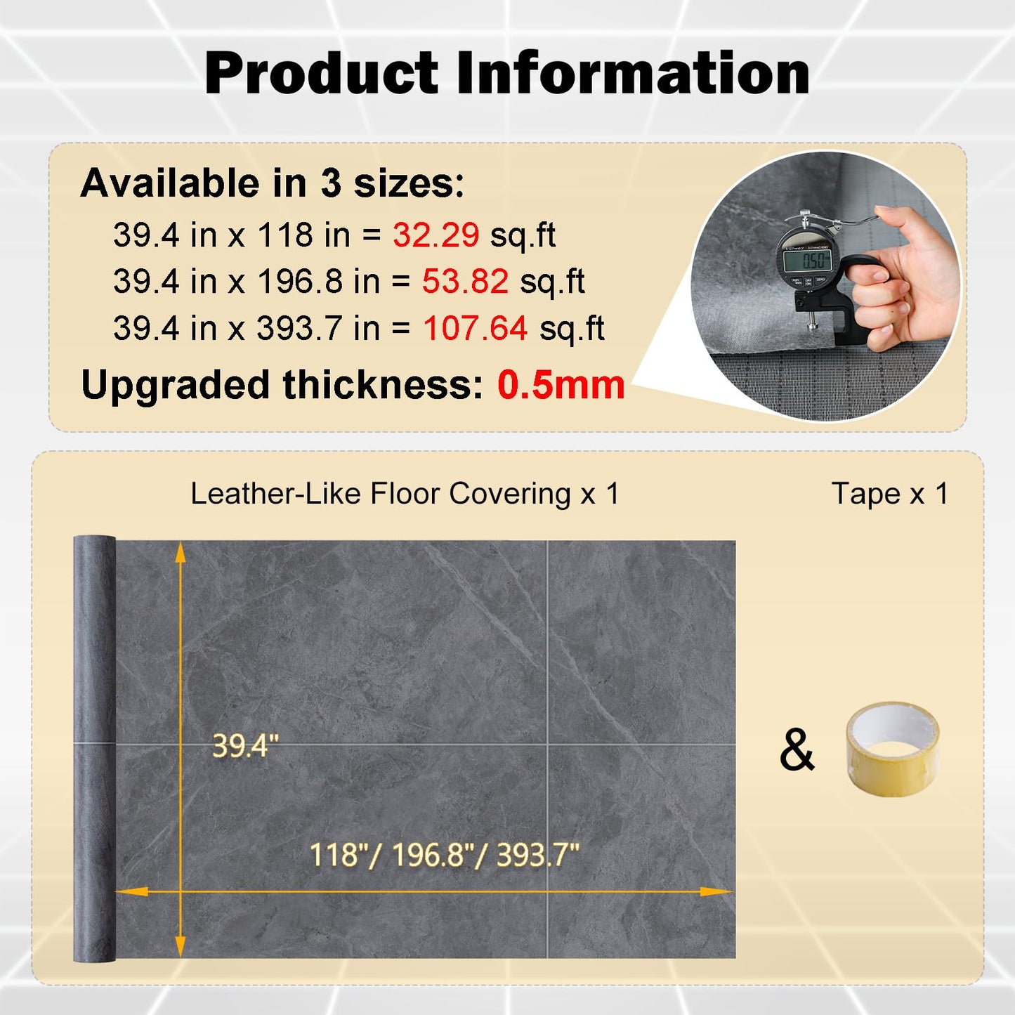 Freshtour Vinyl Flooring Roll, Versatile Removable PET Leather-Like Floor Covering, Waterproof & Durable, Easy Tape Installation, Cost-Effective for Any Room, Grey Marble/ 32.29 Sq.ft (39.3" x 118")