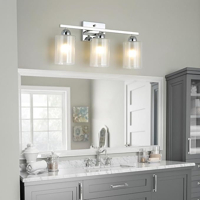 Stainless Steel Bathroom Vanity Light Over Mirror, 3 Light Polished Chrome Bathroom Light Fixtures with Milk Glass and Clear Glass Shades, Modern Vanity Lighting Wall Mount