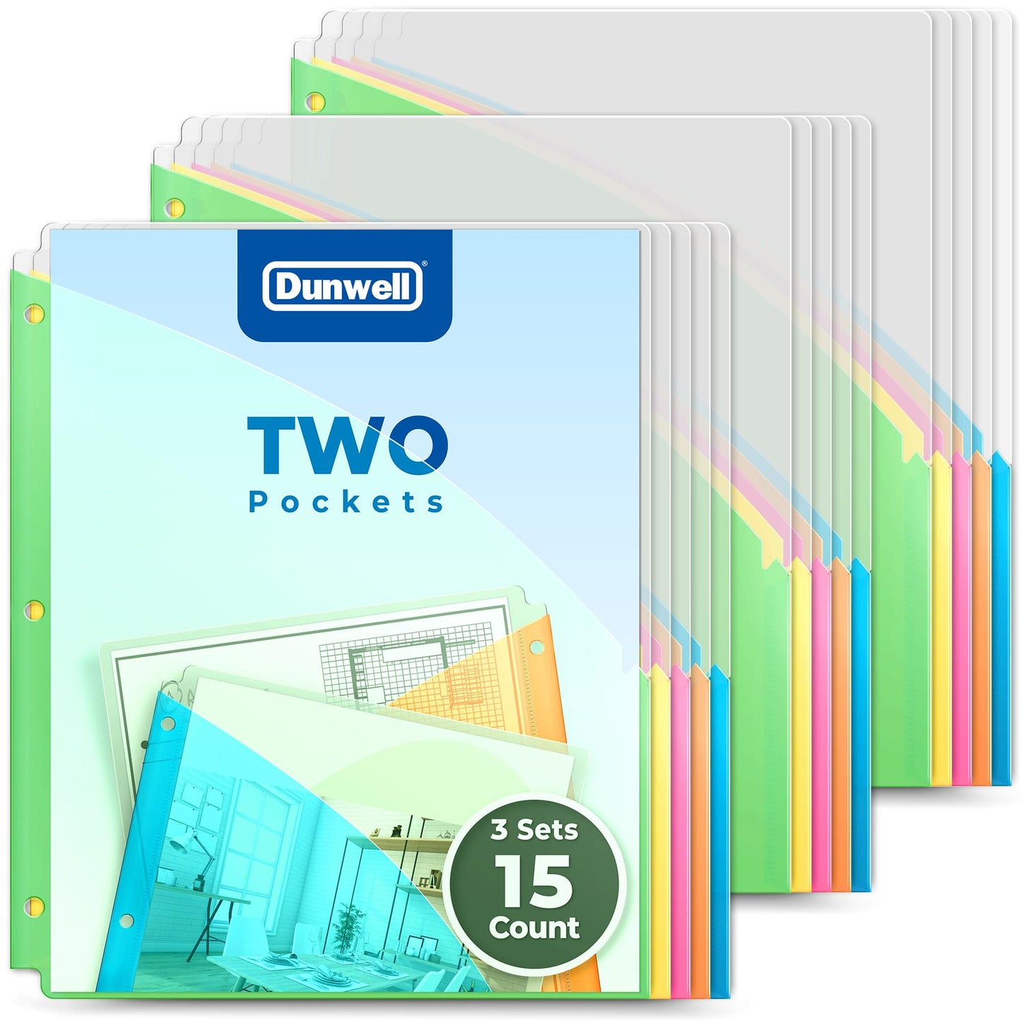 Dunwell Plastic Binder Pocket 3 Hole Punched (3 Sets, 15 Count) Slash File Jackets for 8.5x11 Paper, Project Sleeves for 3 Ring Binder, No Tab, 5 Color Dividers with Front & Back Pockets