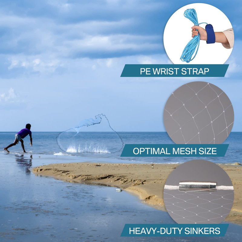 Yeahmart American Saltwater Fishing Cast Net for Bait Trap Fish 8ft Radius Casting Nets with Heavy Duty Real Zinc Sinker Weights, 3/8inch Mesh Size