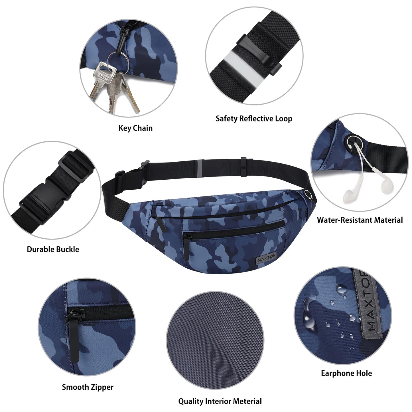 MAXTOP Large Fanny Pack Cross Body Bag Lightweight Belt Bag with Headphone Jack and 4-Zipper Pockets Adjustable Straps for Sports Workout Traveling Running Casual