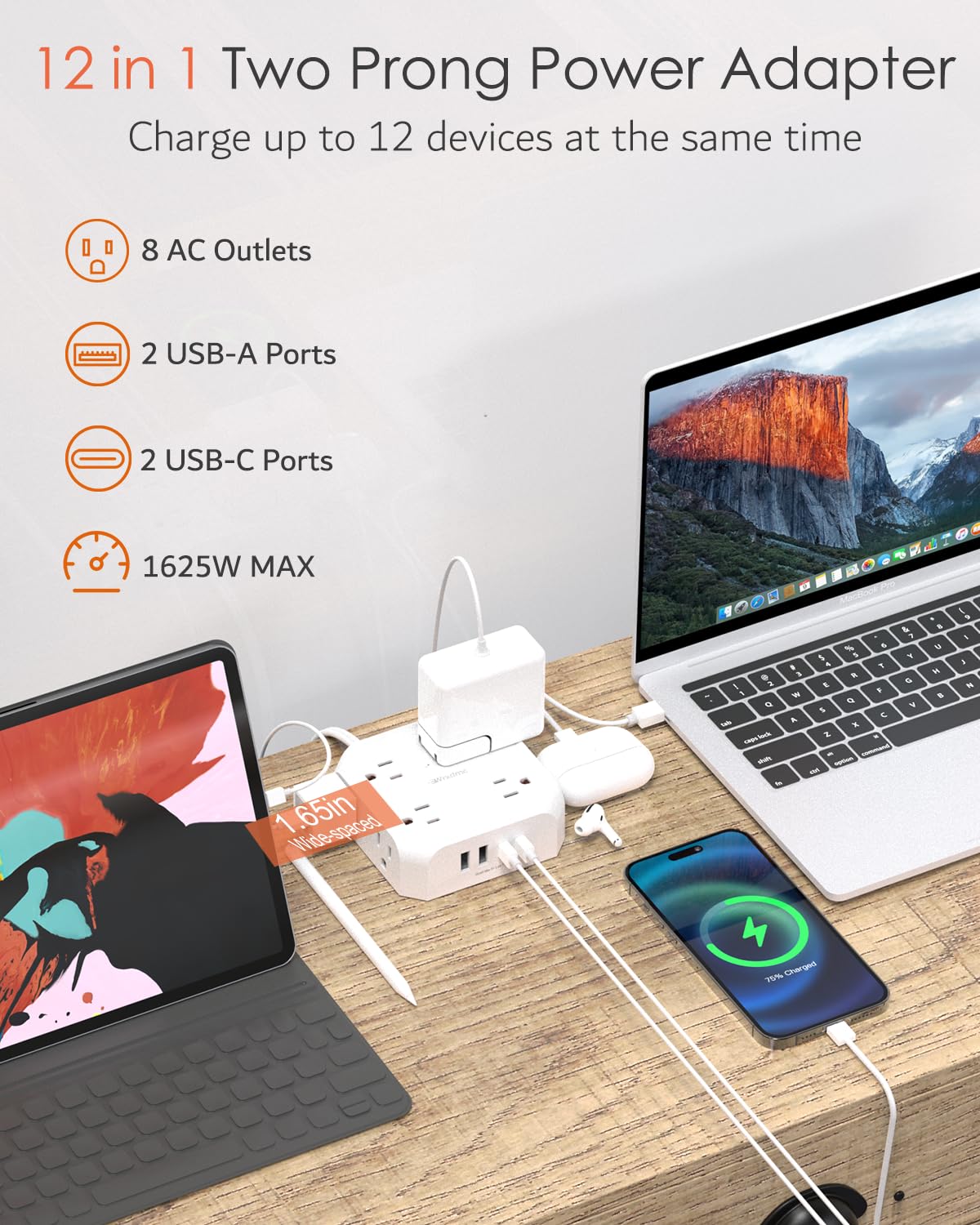 2 Prong Power Strip, WRXDMC 2 Prong to 3 Prong Outlet Adapter,1400J Two Prong Surge Protector, 5ft Extension Cord, 8 AC Outlets with 2 USB C Port and 2 USB A Port, Wall Mountable, Ideal for Old House