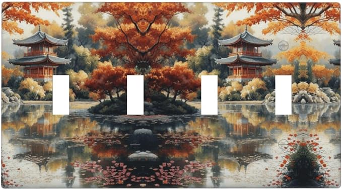Decorative Art Light Switch Covers Lake & Pagoda in Fall Quad Toggle 4 Gang Wall Plate Switch plate Electrical Faceplate for Home Decor
