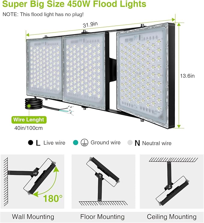 STASUN Flying Series Pro - LED Flood Light Outdoor, 450W 45,000 lumens Stadium Arena Lighting, IP66 Waterproof Exterior Commercial Floodlight, 6000K, 3 Adjustable Heads for Yards, Streets