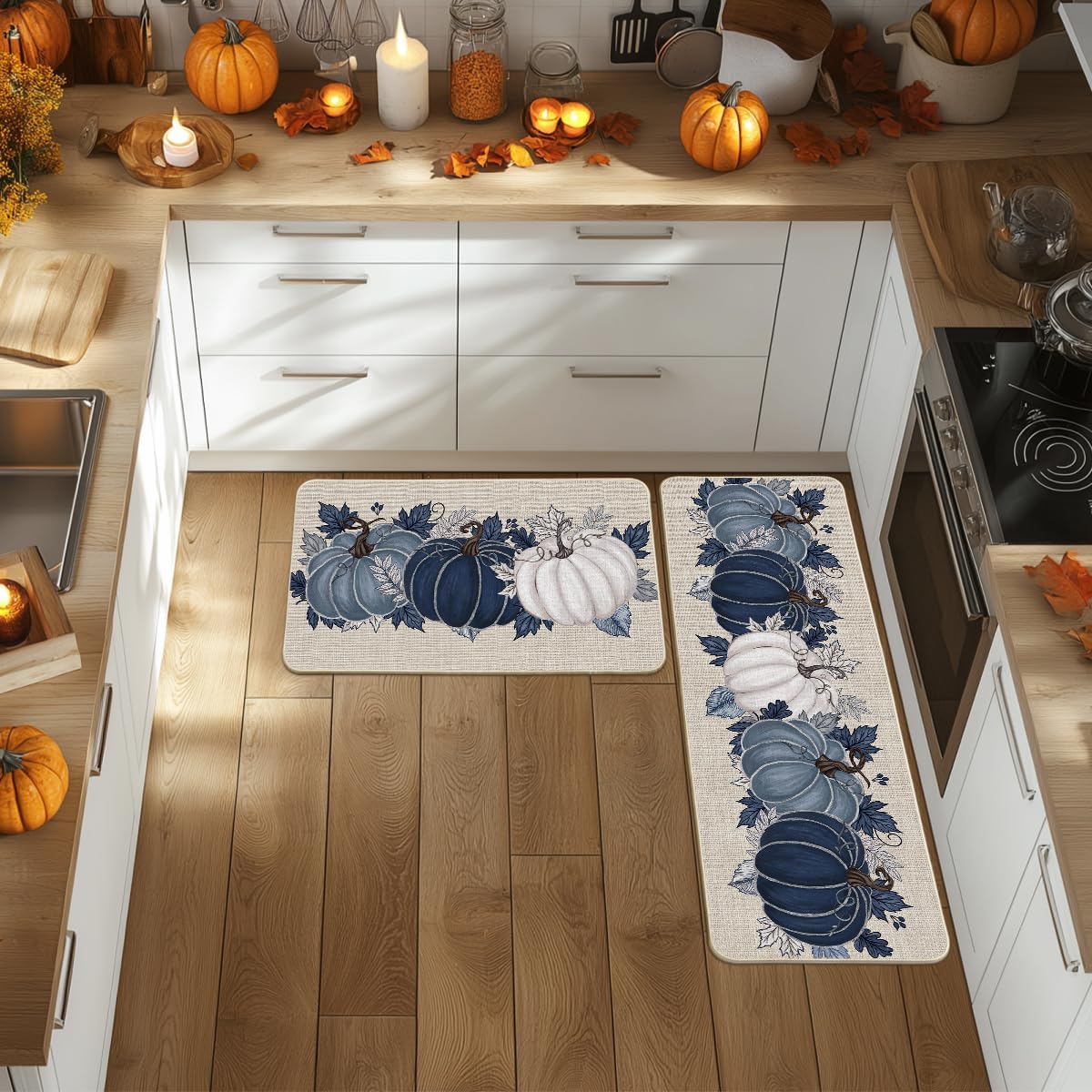 Artoid Mode Black Maple Leaves Pumpkin Fall Kitchen Mats Set of 2, Autumn Home Decor Low-Profile Kitchen Rugs for Floor - 17x29 and 17x47 Inch