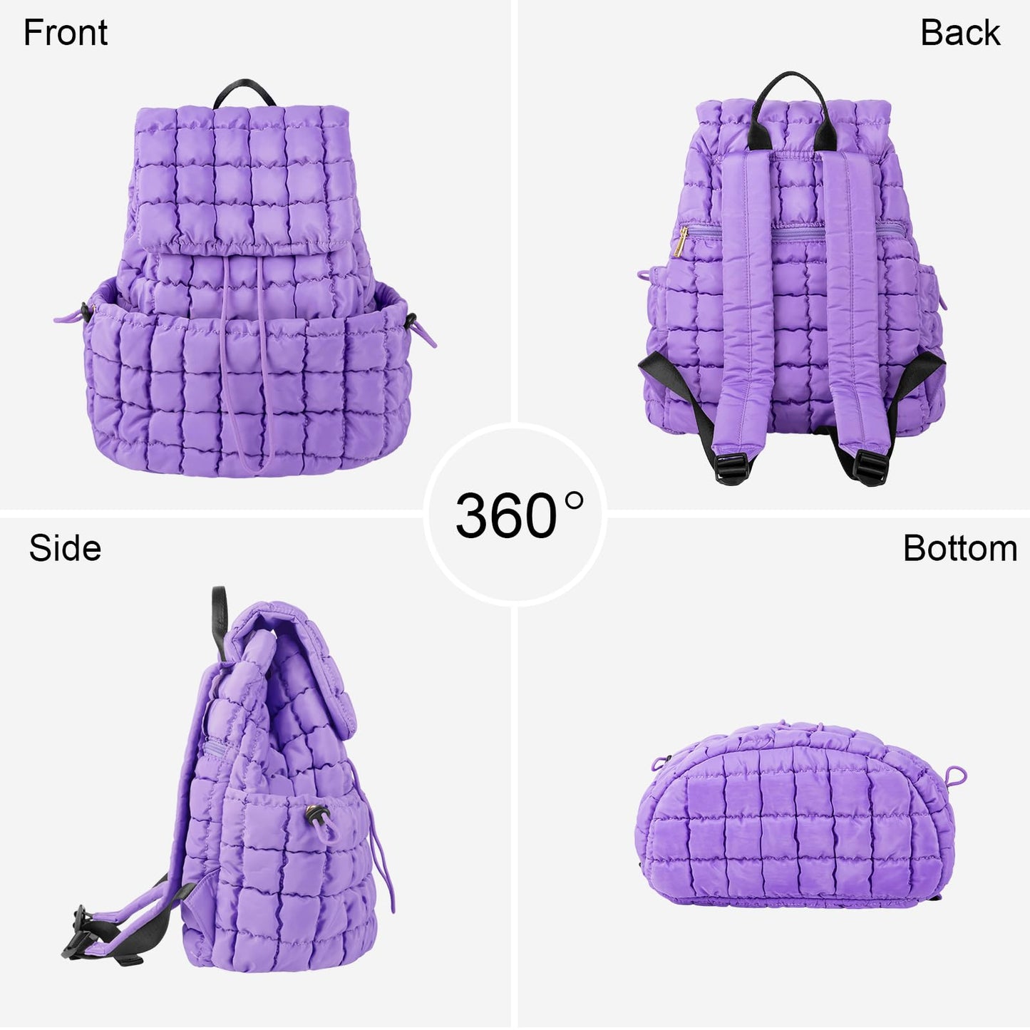 XSUIOY Quilted Backpack Purse for Women Small Lightweight Puffer Puffy College Laptop Backpack Nylon Casual Bookbag Daypack Top Flap Drawstring Padding Hiker Travel Gym Backpack(Purple)