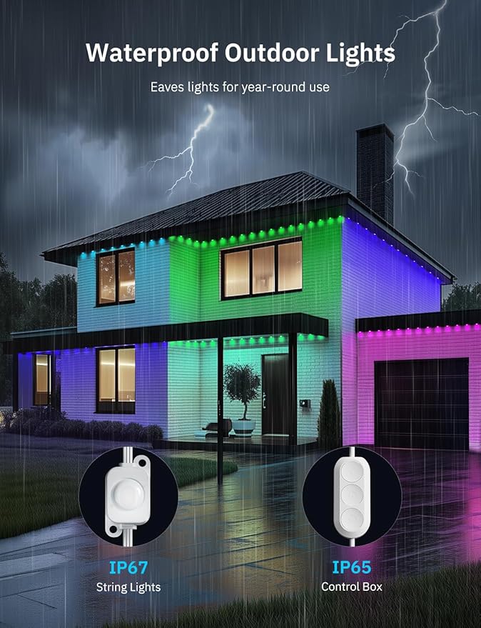100FT Permanent Outdoor Lights Pro, 50 IC+RGBCW Smart Eaves Lights with 48 Scene Modes, IP67 Waterproof Outside String Lights for House Halloween, Christmas All Year Decor, APP/Remote Control
