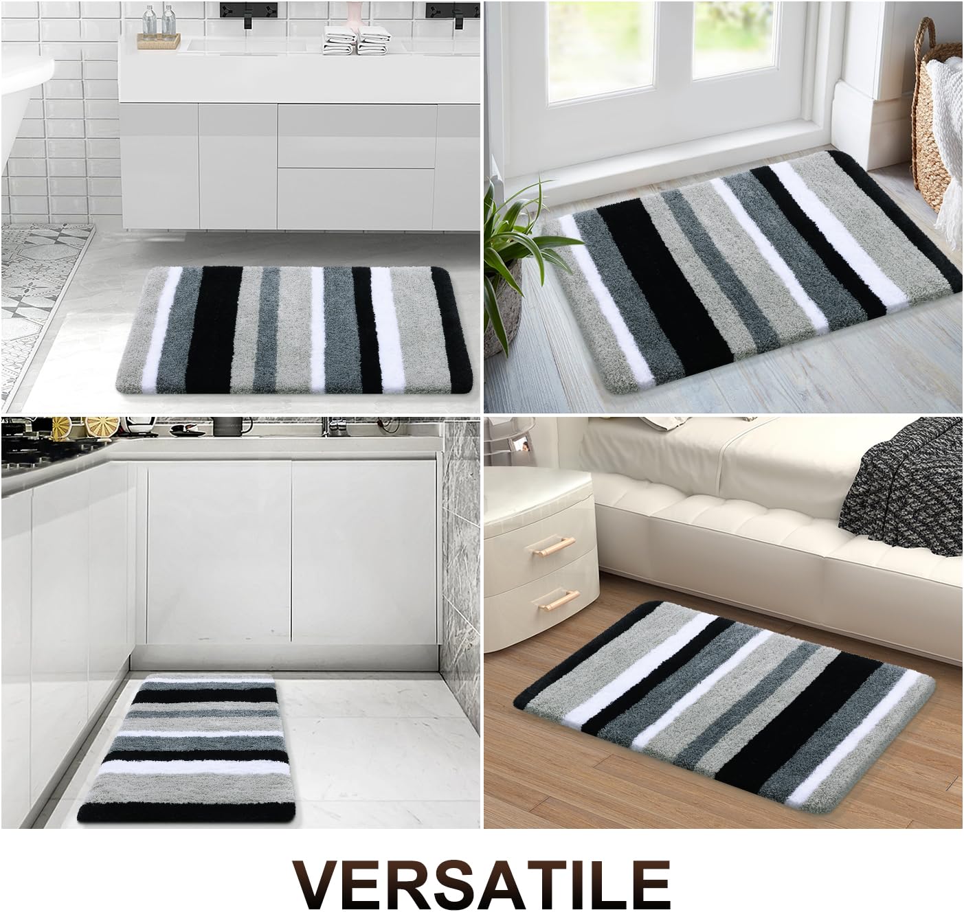 Buganda Microfiber Striped Bathroom Rugs Bath Mat, Extra Thick, Soft and Shaggy, Absorbent, Machine Washable, Bath Rugs for Bathroom, Tub and Shower, 24x16 Inches, Black-Grey