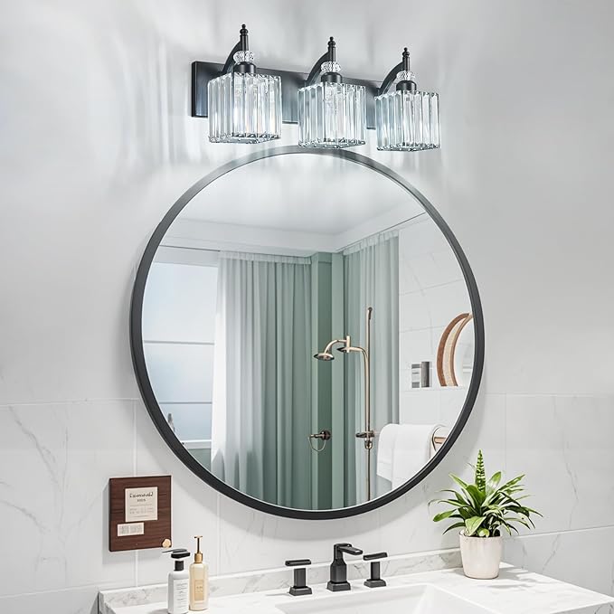 Crystal Vanity Lights Black 3 Light Bathroom Light Fixtures Over Mirror Modern Vanity Light for Bathroom