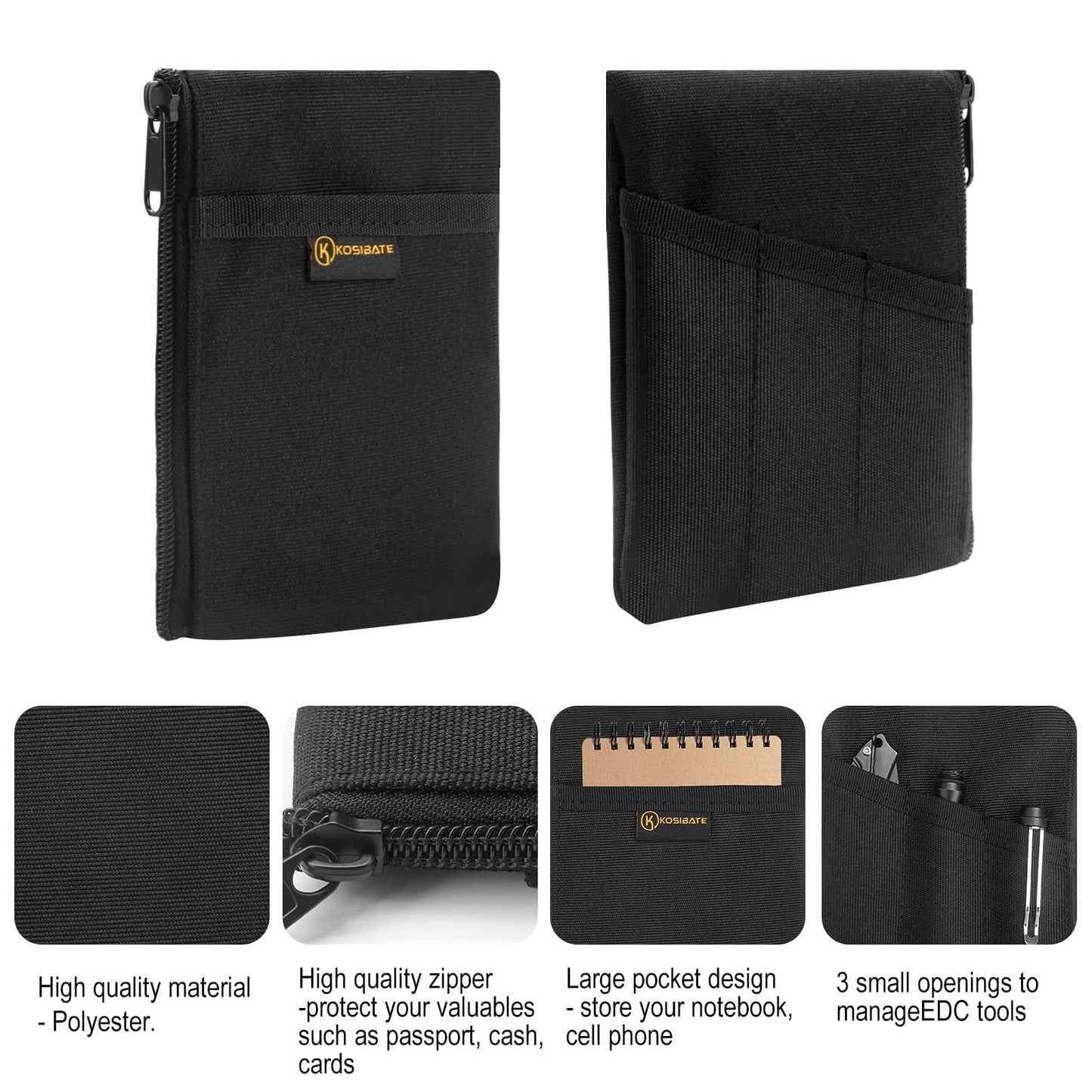 Kosibate EDC Pouch with Notebook Slot, EDC Organizer for Knife, Flashlight, Passport, Pen, Card - Men's Slim Pocket Organizer for Daily Carry, Fits 3.5 x 5.5 Inch Notebook (Black)