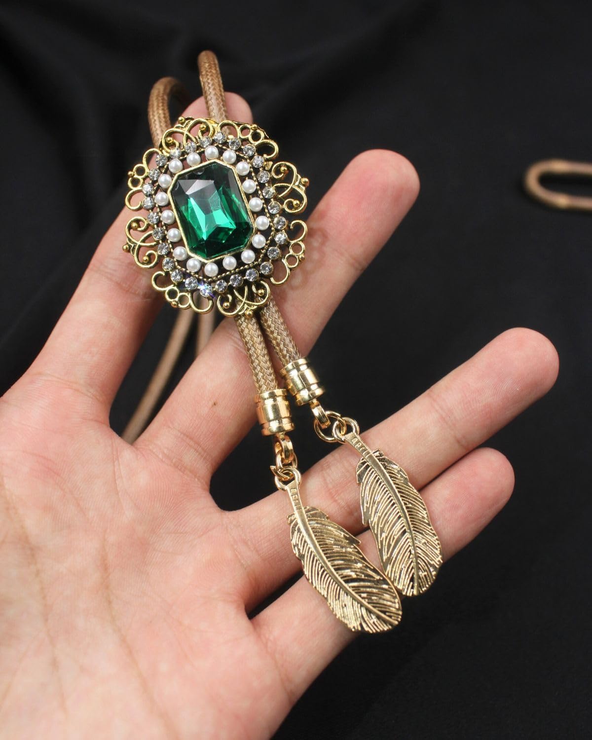 PEARLY JUN Bolo Tie for Men Women Rhinestone Emerald Gold Cowboy Brown Country Style Handmade Leather String Rodeo Festive Days Gifts