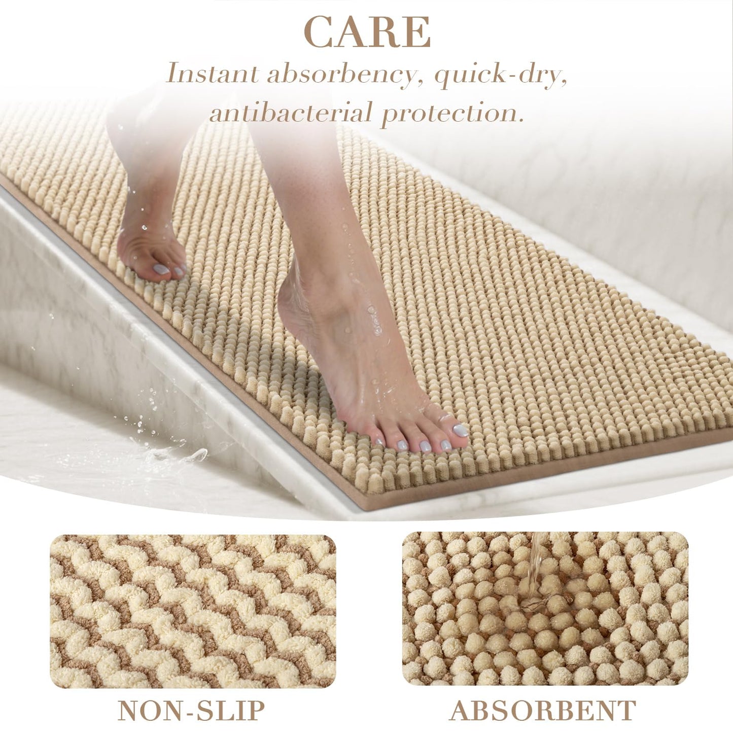BSICPRO Bathroom Rugs Set 2 Piece-Chenille Bath Mats Non Slip-Thick Soft Absorbent Boho Bath Rug-Shower Floor Mat Machine Washable-Bathroom Decor Accessories (Beige, 20" x 32" Plus 16" x 24")