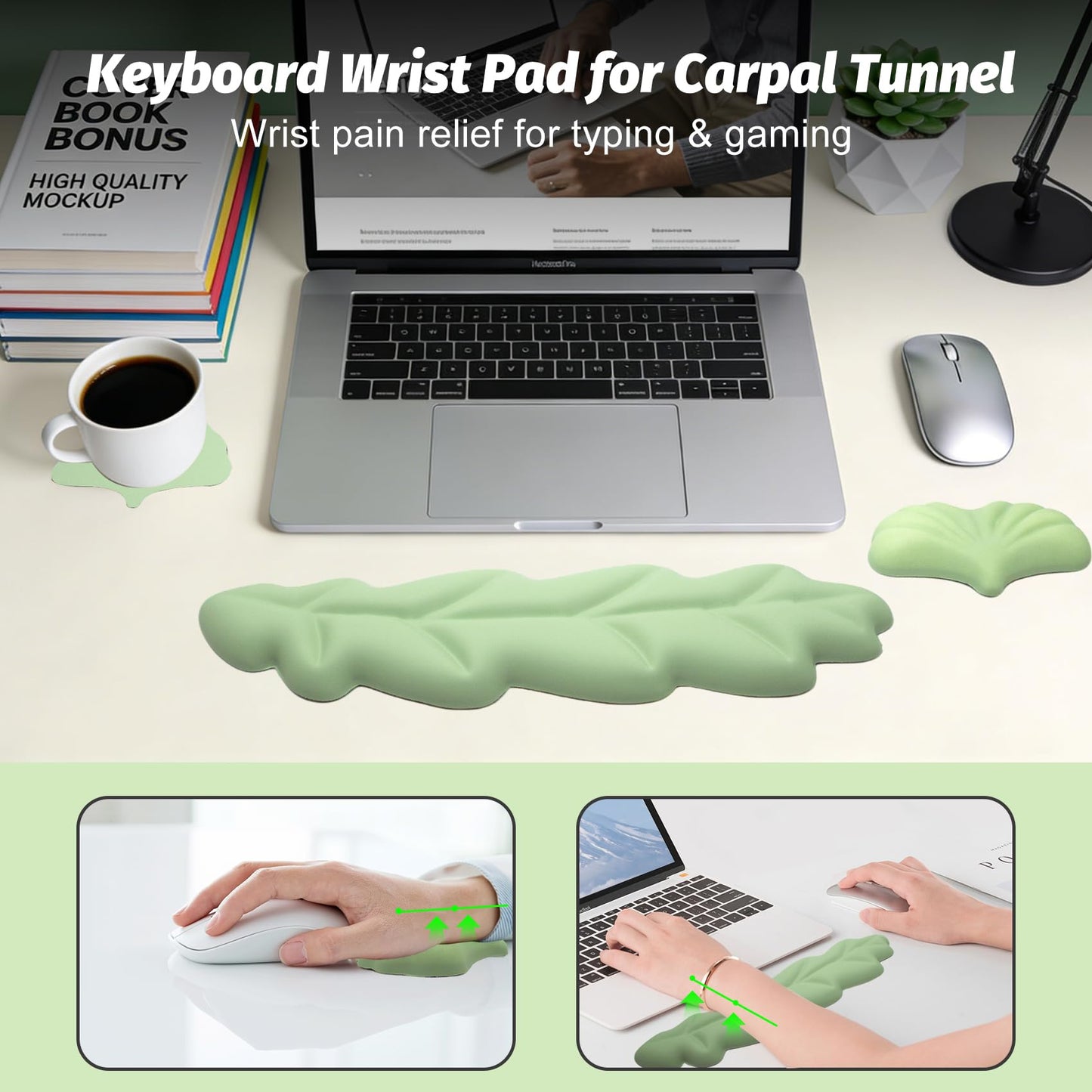 OYEEY Ergonomic Wrist Rest for Pain Relief,3 Pcs Leaf Shape Wrist Support with Non-Slip Base, PU Leather Mouse Pad Support for Easy Typing,Keyboard Wrist Support Palm Cushion for Laptop Office