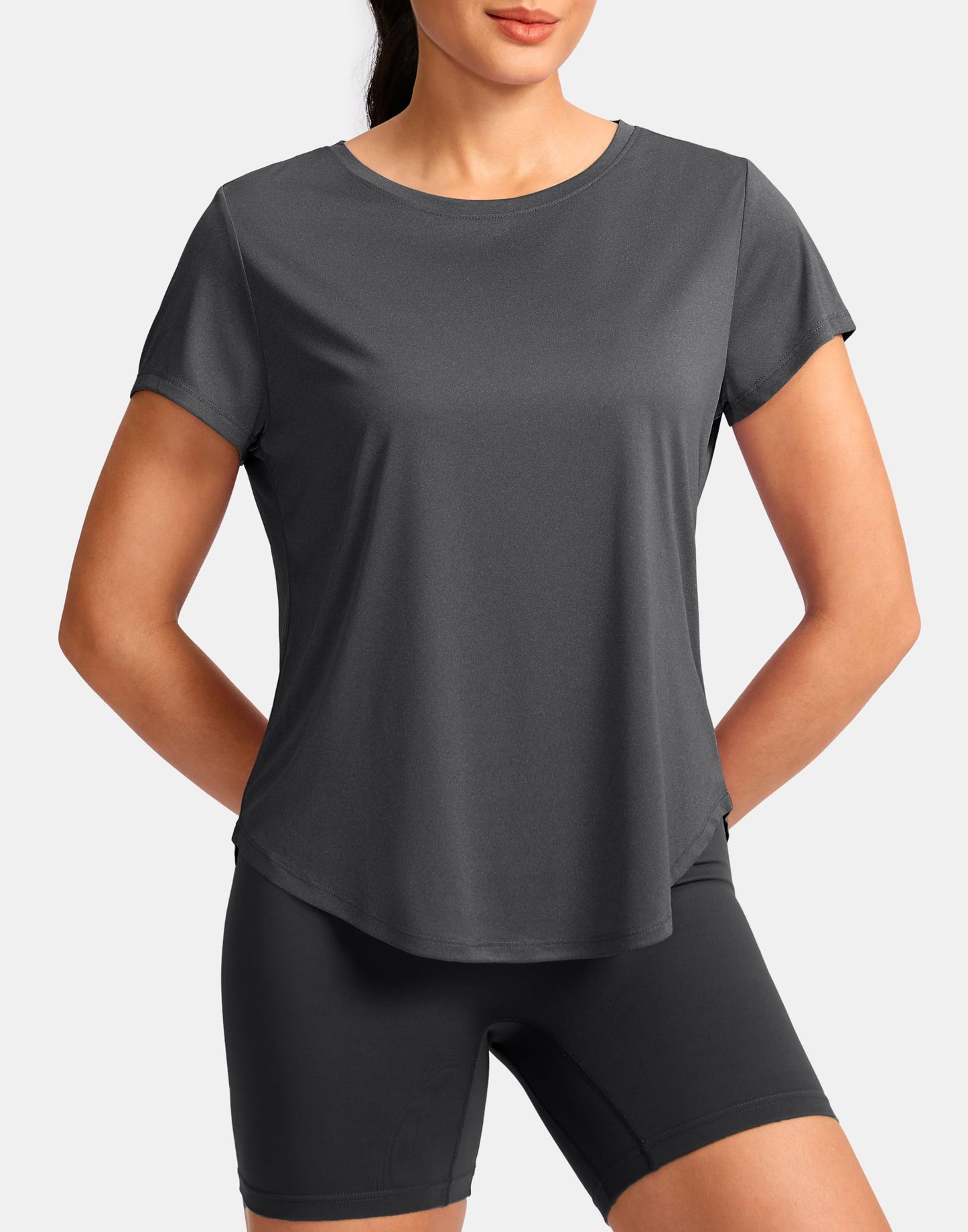 G Gradual Women's Workout Tops Short Sleeve Lightweight Athletic Yoga Running Shirts Loose Fit Quick Dry Gym T-Shirts(Heather Dark Grey,L)