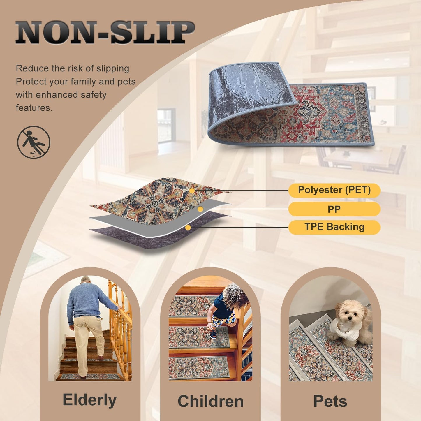 Non-Slip Stair Treads for Wooden Steps 15pcs,8"x30" Stair Carpet Treads for Indoor Use,Peel and Stick Stair Runners,Washable Reusable Adhesive Backing,Pet-Friendly Stair Capet for Kids,Elders,Dogs