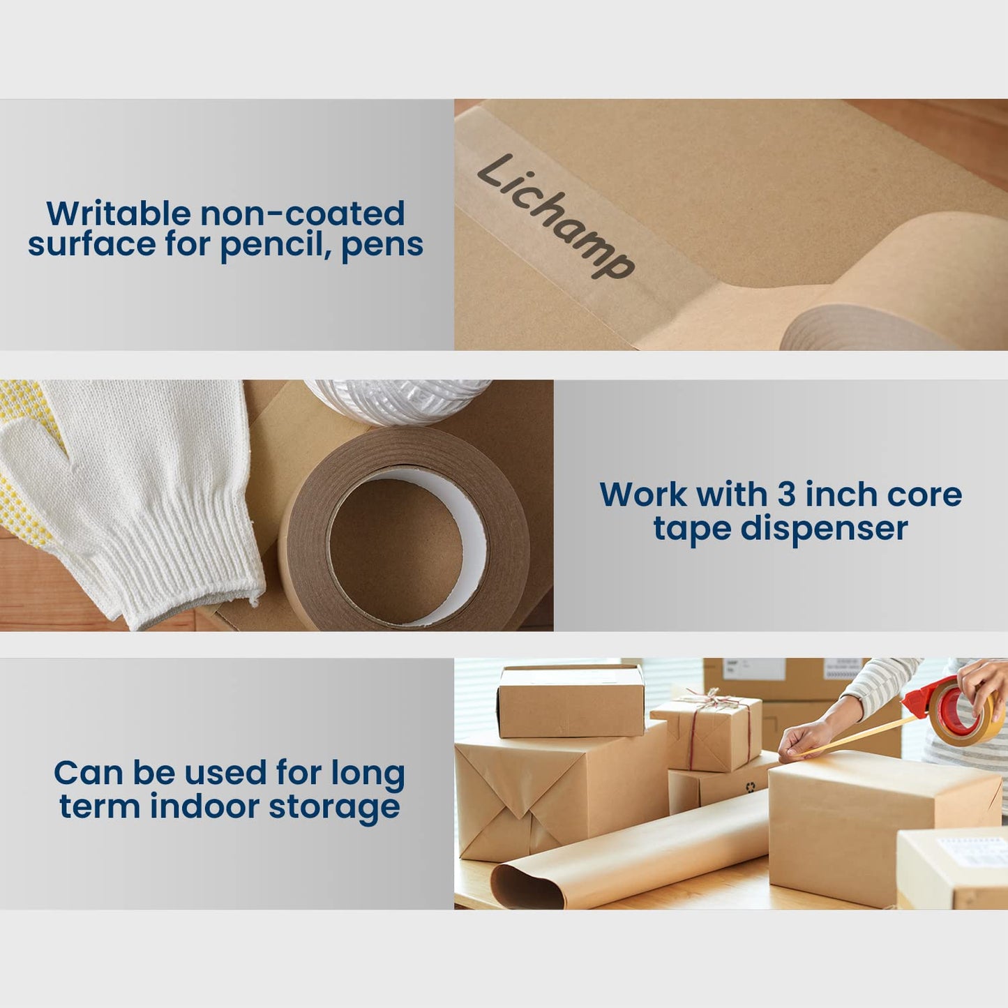 Lichamp Kraft Packing Tape, Brown Kraft Gummed Tape for Packing Boxes, Shipping Cardboard and Carton Sealing, 6 Rolls x 2 inch x 55 Yard x 7 mil, B206BN