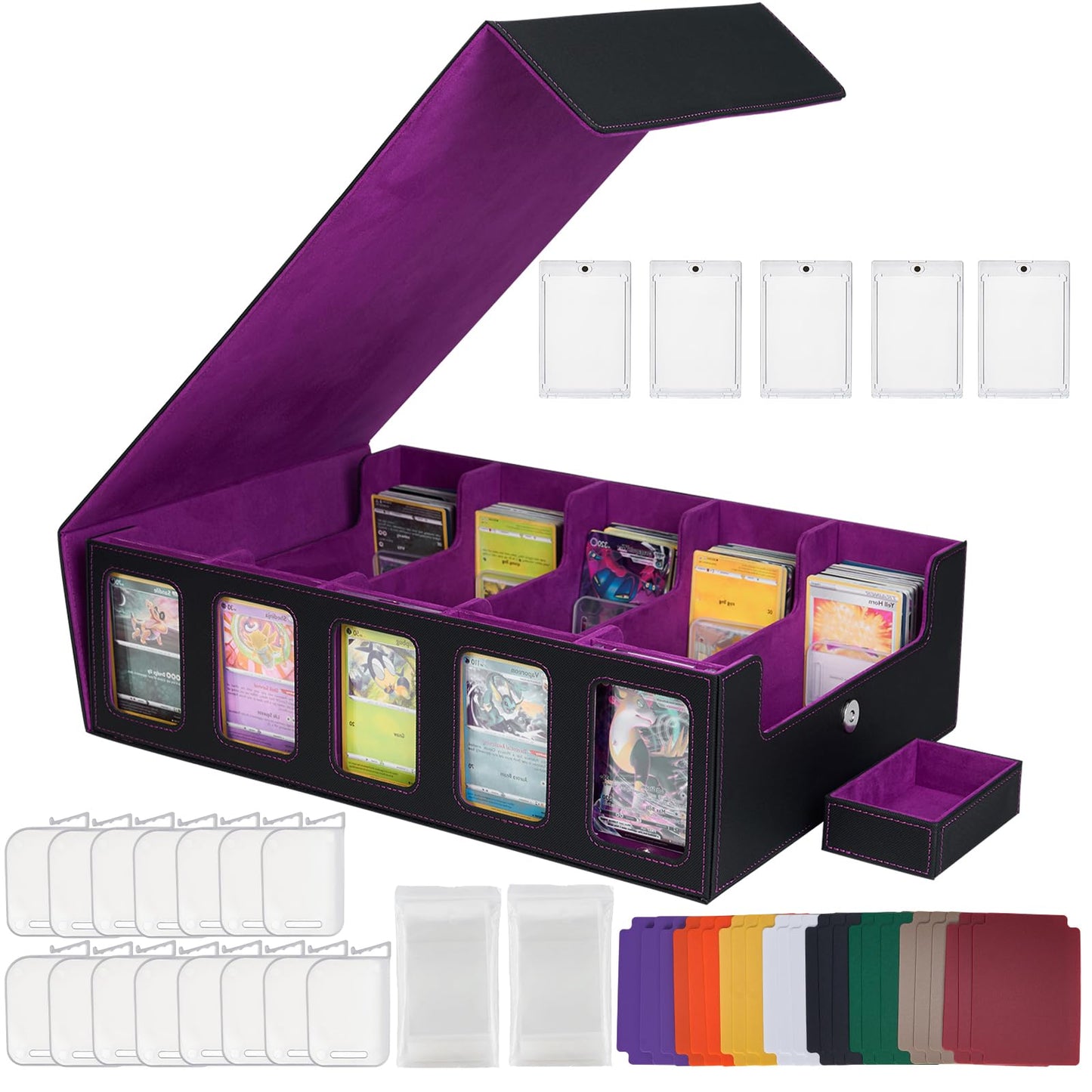 5-Row Trading Card Storage Box for Top Loaders, 3900+Card Deck Case with Portable Handle & Commander Display, 500 Sleeves, 5 Toploaders, 15 Stoppers, 24 Dividers, 1 Dice Tray, for MTG/TCG Magic Cards