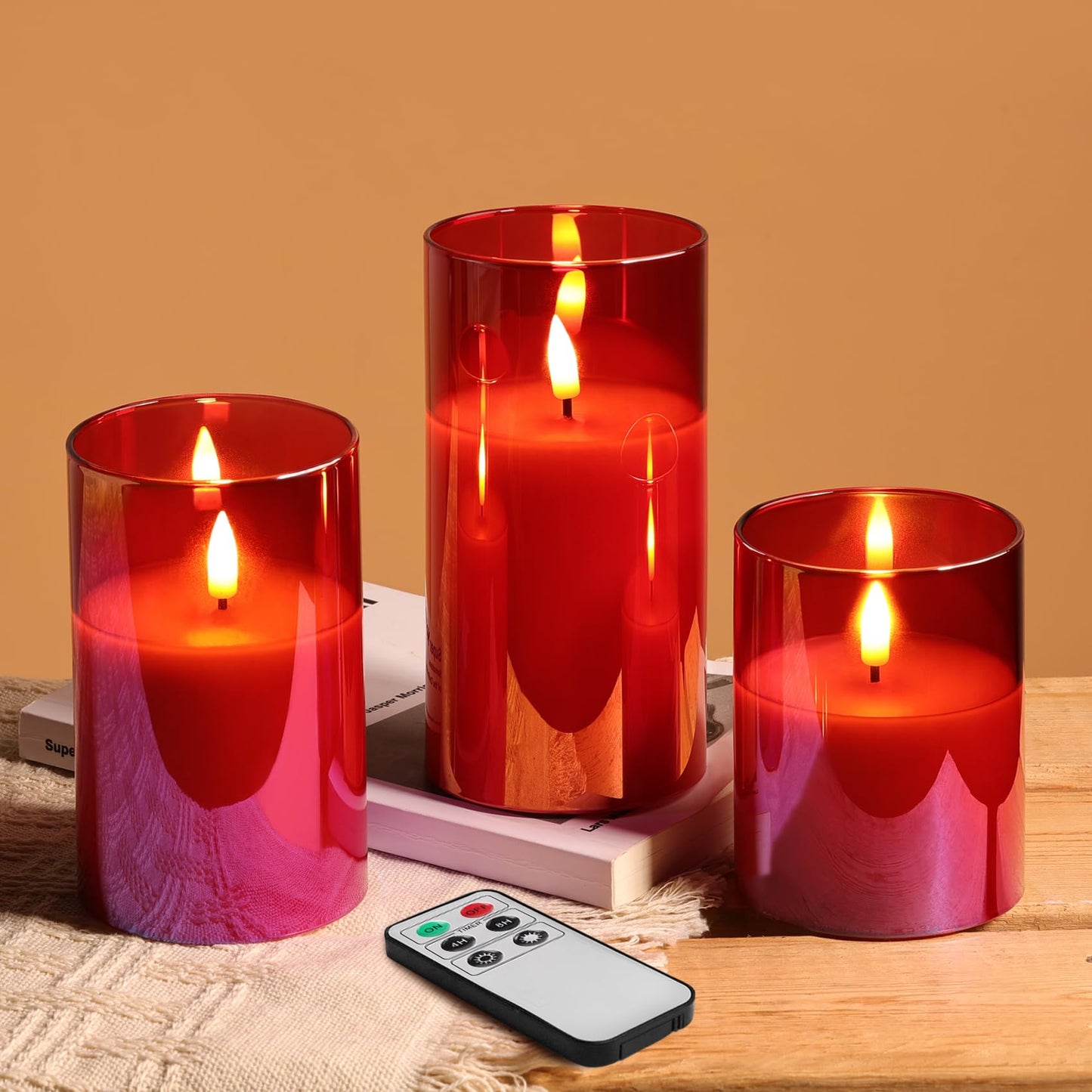 Eywamage Red Glass Flameless Pillar Candles with Remote, Flickering Christmas Battery LED Candles Holiday Decor Set of 3
