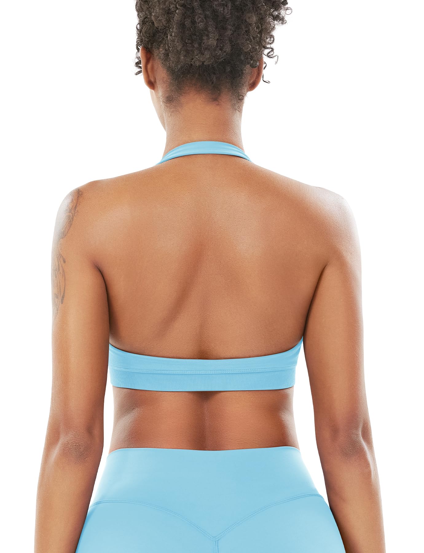 VOYJOY Women Workout Impact Bras Medium Low Support Halter Sports Bras Seamless Open Back Gym Padded Yoga Crop Top Light Blue S