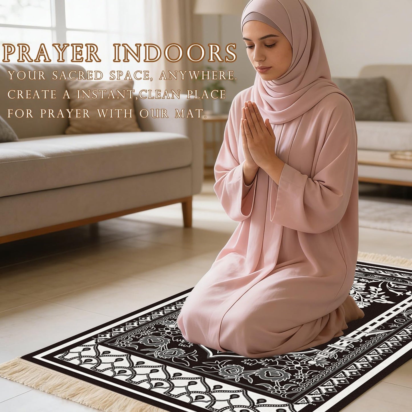 Silkovahamd Prayer Mat Ramadan Gifts - Portable Black Prayer Rug Islamic Muslim Tasbih Beads, Praying Carpet for Islamic Man Women Eid Salah Namaz Meditation Decorations for Home
