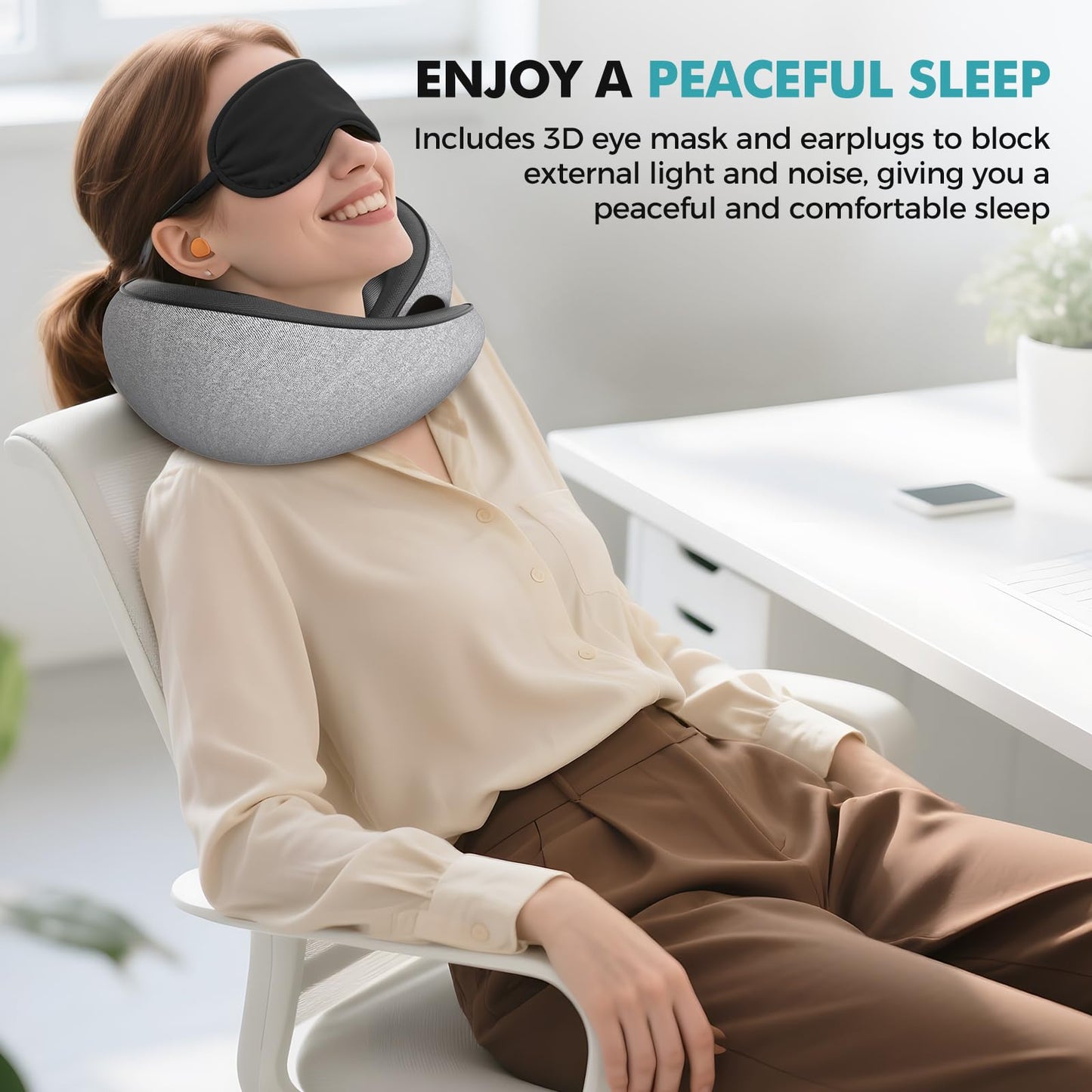 Travel Neck Pillows for Airplanes - 360° Ergonomic Memory Foam Travel Pillow - Relief Neck Pain with Breathable Support for Long Flights, Car, Train & Office Use - Adults & Kids