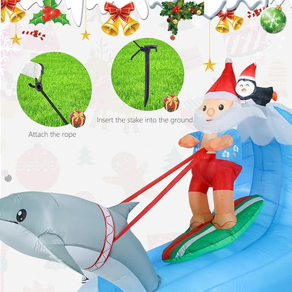 MUMTOP 7.55FT Long Christmas Inflatables Outdoor Decorations, Inflatables Surfing Santa Claus with Penguin Dolphin Blow up Christmas Yard Decoration Built-in LED Lights for Outdoor Party Holiday Decor