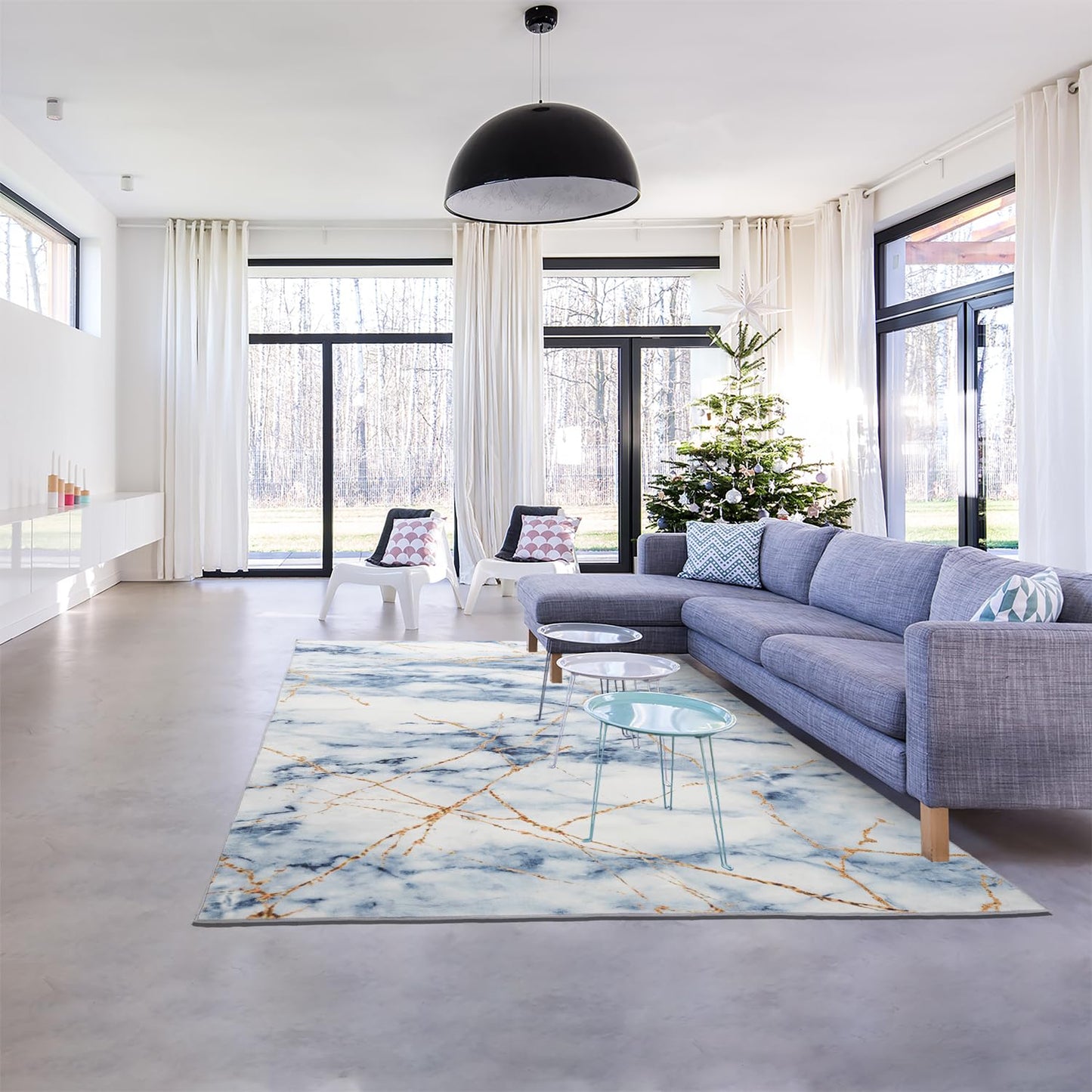 HOISUN Non-Slip Marble Pattern 6x9ft Area Rug with Gold Veins,Low Pile Modern Minimalist Design, Durable & Easy - Clean, Perfect for Living Room, Bedroom, or Dining Room-Blue