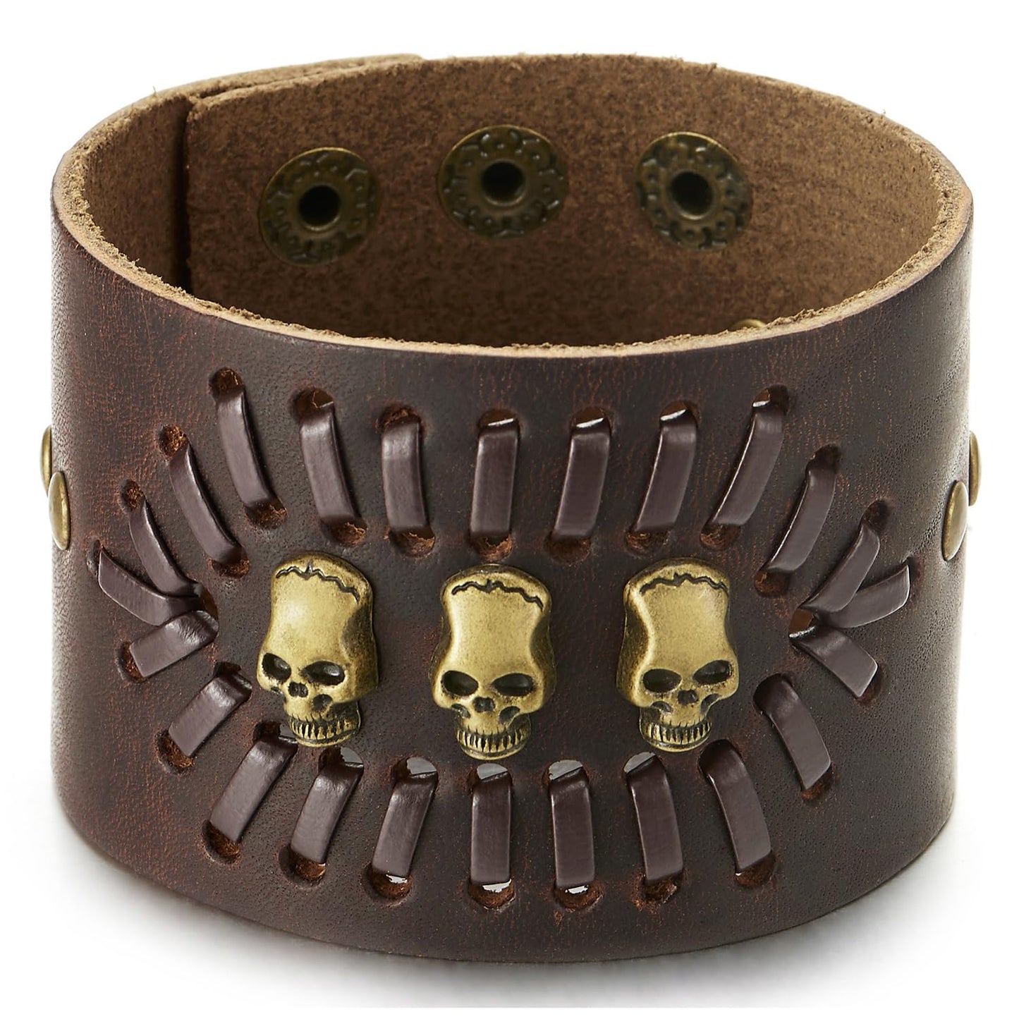 COOLSTEELANDBEYOND Men’s Brown Leather Skull Cuff Bracelet, Wide Adjustable Wristband with Vintage Punk Detail, Biker Fashion Jewelry Gift for Him