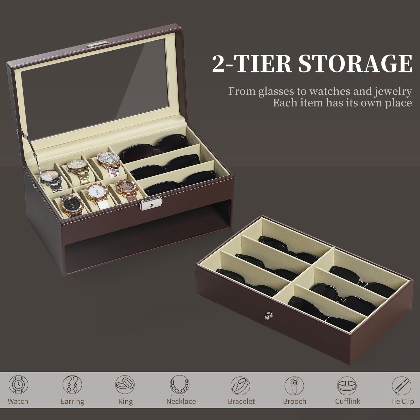 AUTOARK Leather 6 Watch Box Jewelry Case and 9 Piece Eyeglasses Storage and Sunglass Glasses Display Drawer Lockable Case Organizer,Brown,AW-130