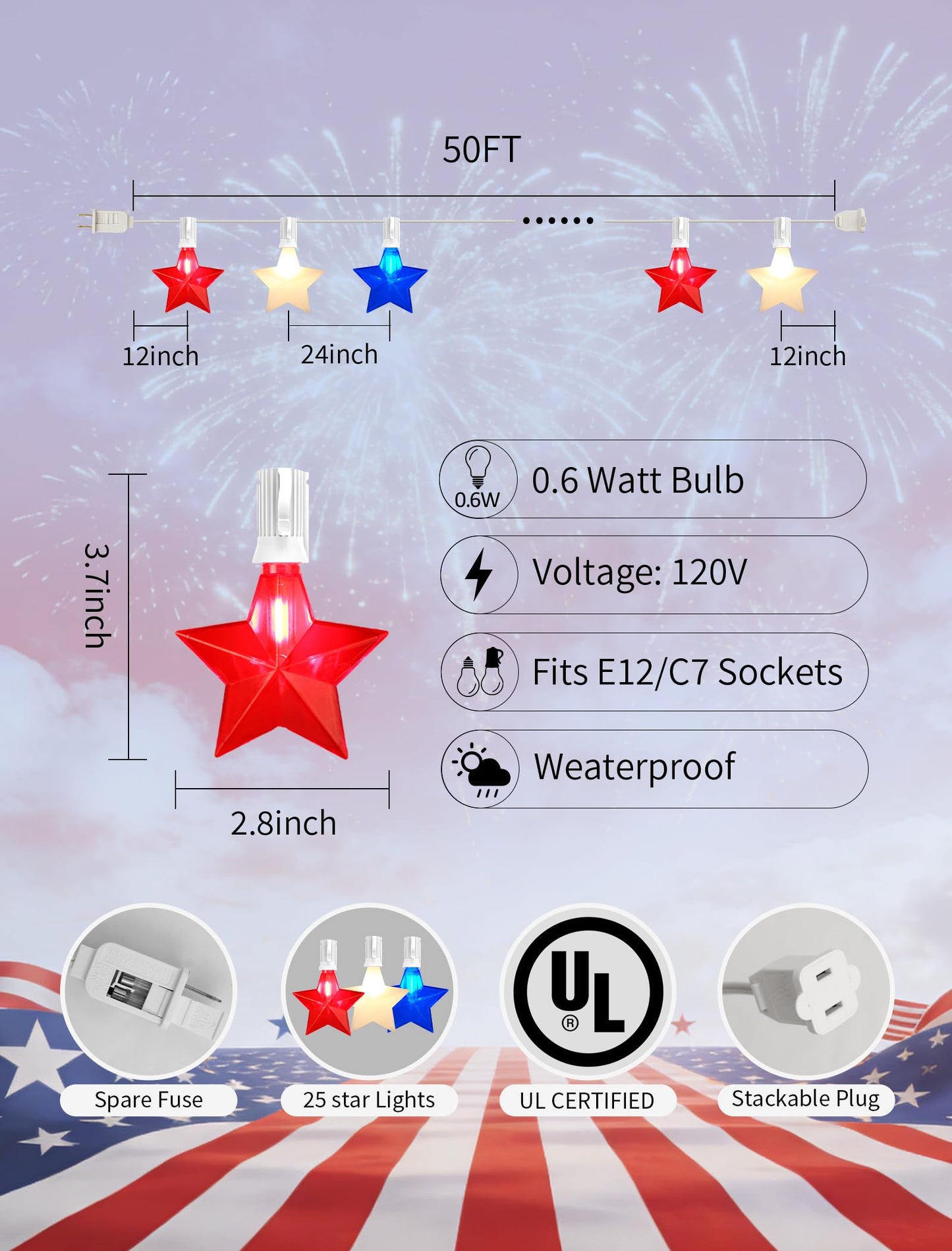 Adirxon 50FT 25-Light Patriotic Star String Lights, Red White and Blue LED Star Lights with White Wire, IP44 Water-Resistant 4th of July Decorations for Independence Day, Patio and Party Décor