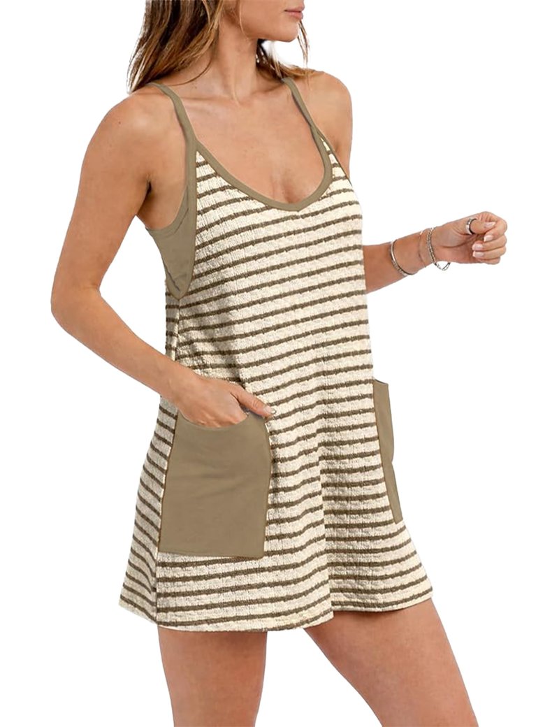 TIQOJE Women’s Striped Athletic Dress with Pockets – Casual Summer Tennis Dress 2025(stripedkhaki-XL)
