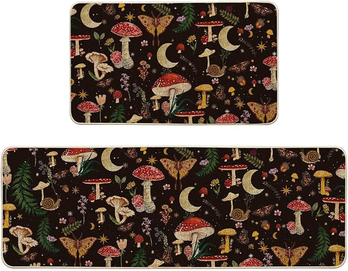 Artoid Mode Black Mushrooms Butterfly Spring Kitchen Mats Set of 2, Home Decor Low-Profile Kitchen Rugs for Floor - 17x29 and 17x47 Inch